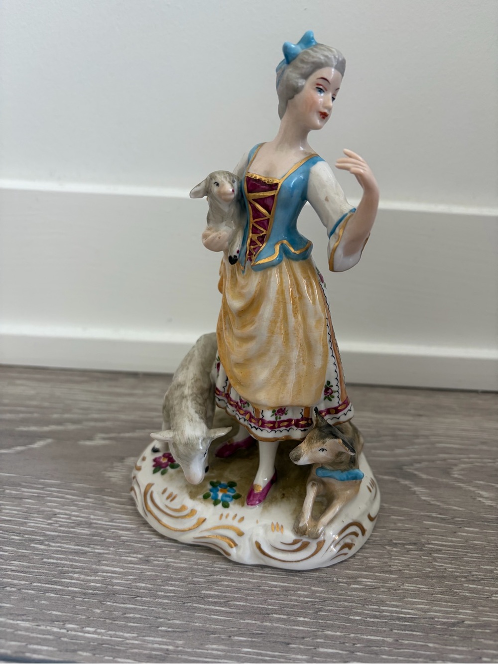 Vintage Figurine of Shepherdess with Sheep and Dog, Style German Porcelain .